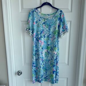Lilly Pulitzer Floral Blue and Pink Dress with Pom-Pom Sleeves
